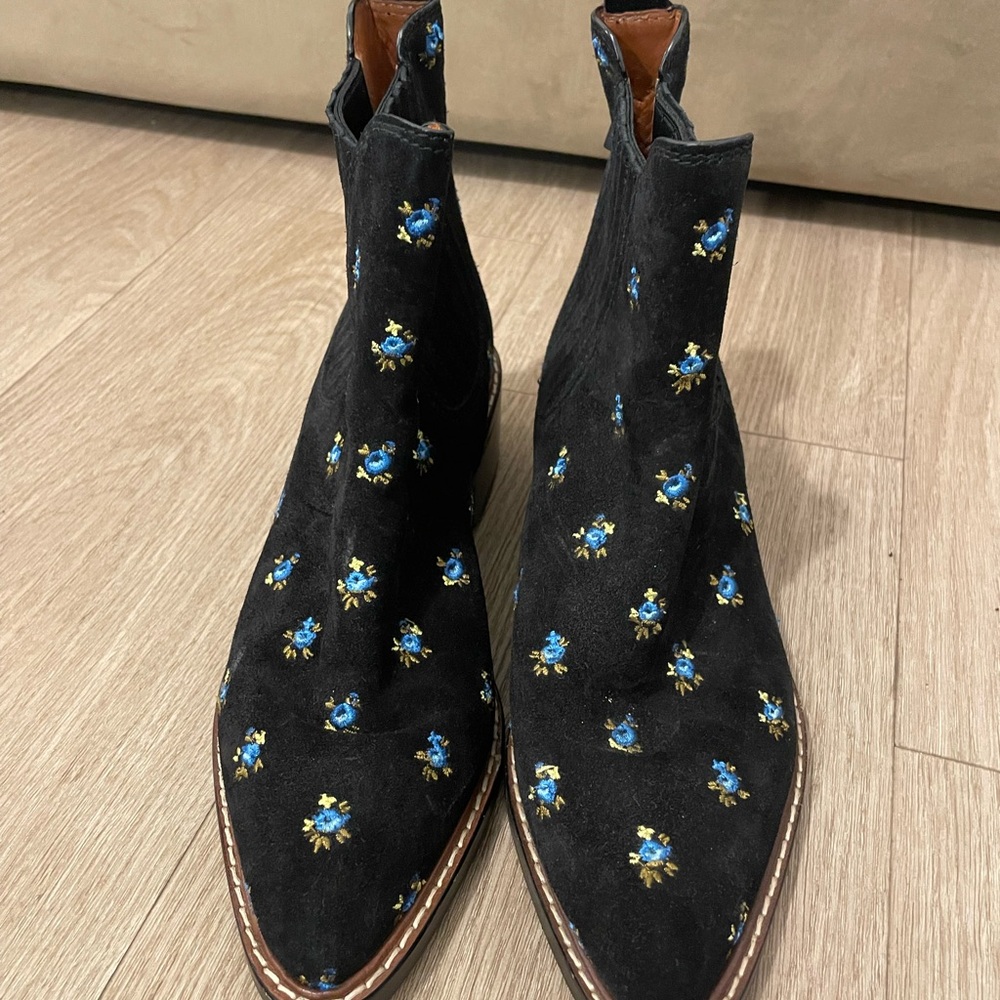Coach Black Suede Boots with Blue Floral Design